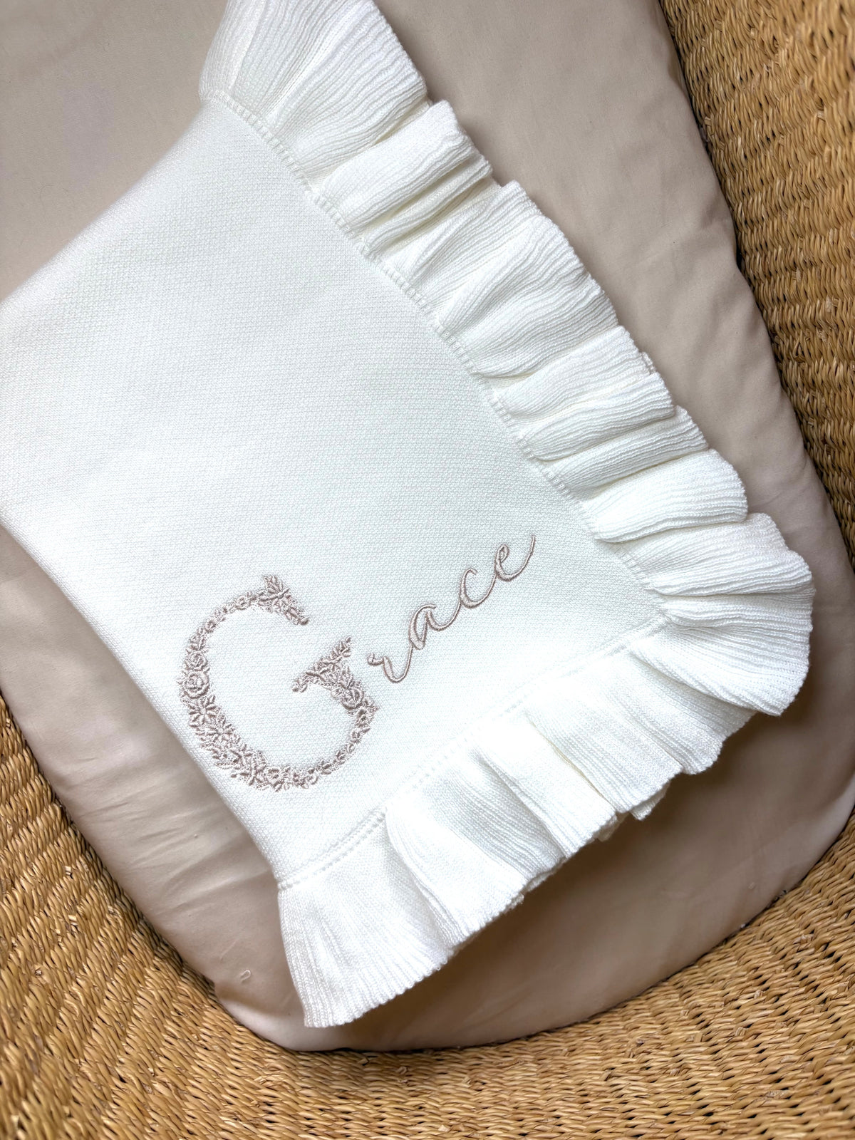 Floral Initial Detail Oyster Blanket