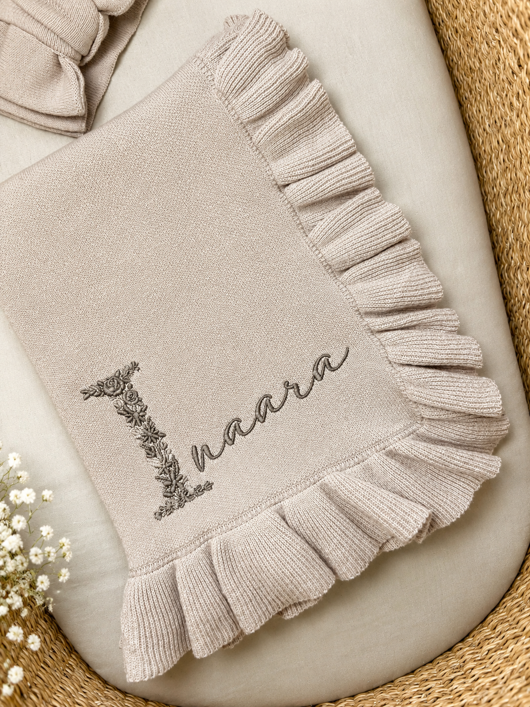 Beige Floral Initial Detail Oyster Blanket